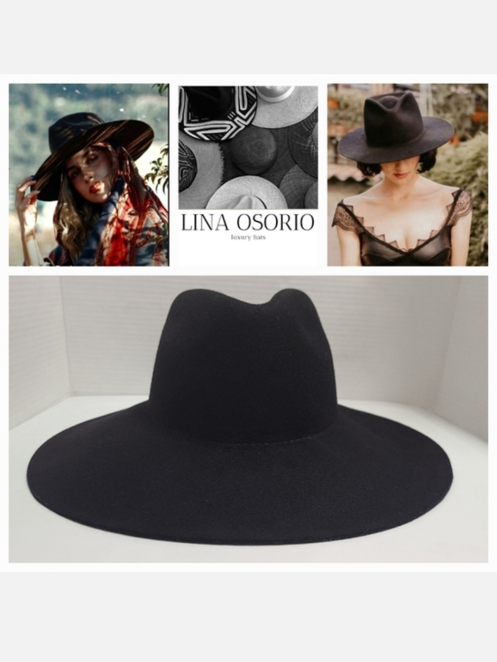 LINA OSORIO Handmade Wool Felt Fedora Hat Black Western
